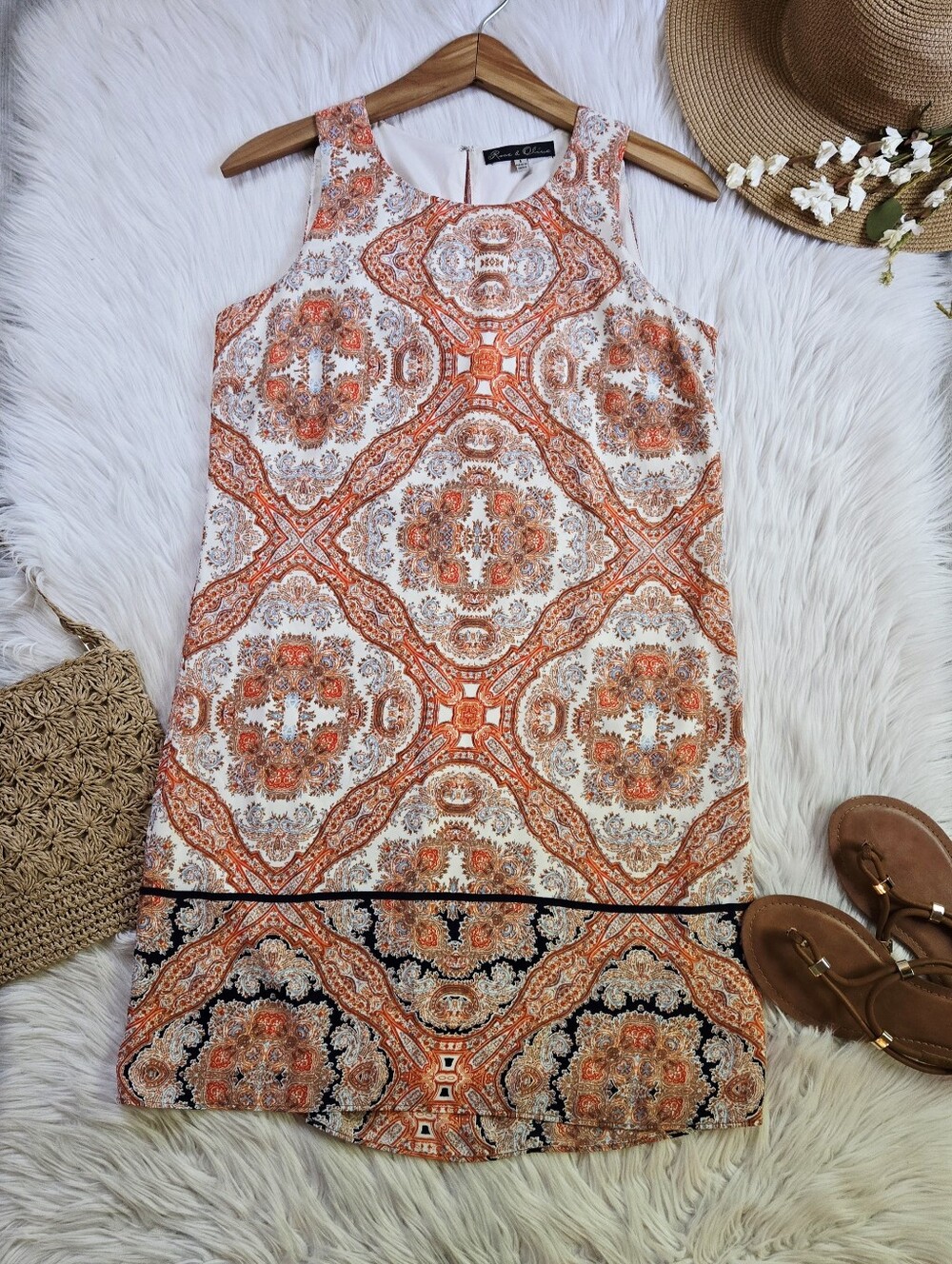 Rose & Olive Orange Printed Sleeveless Shift Dress